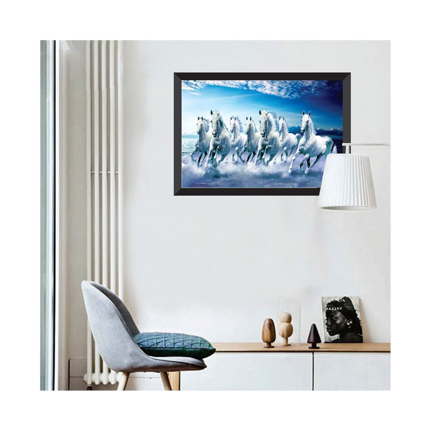 SAF 7 Horses River Large Framed UV Coated Digital Reprint 14 Inch X 20 Inch Painting (SANFH11) SANFH11(multicolor1)