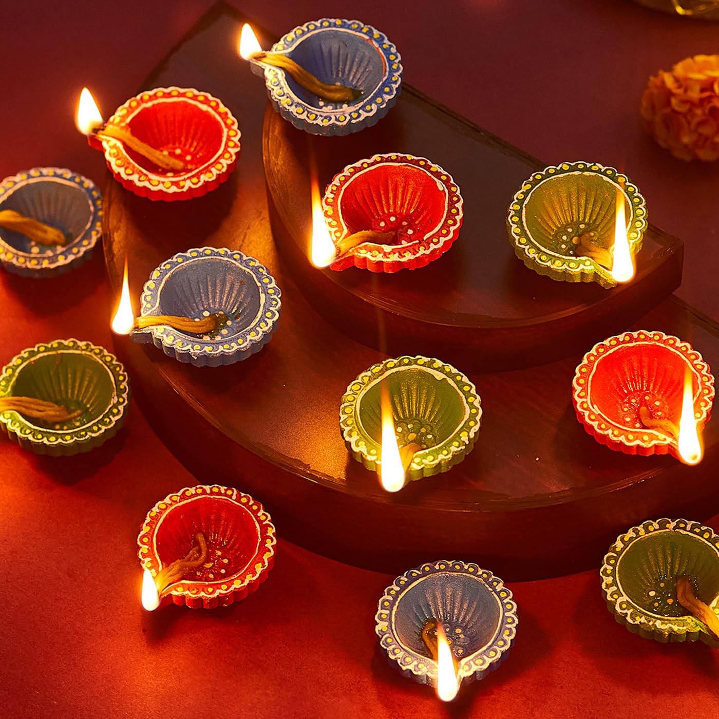 TIED RIBBONS Pack of 18 Large Handmade Clay Diwali Diyas Earthen Oil Lamp Diwali Diya (Multi, 6 cm x 2 cm) for Diwali Decoration Home Puja Office Pooja Room Mandir Temple Table Dipawali Decor Items