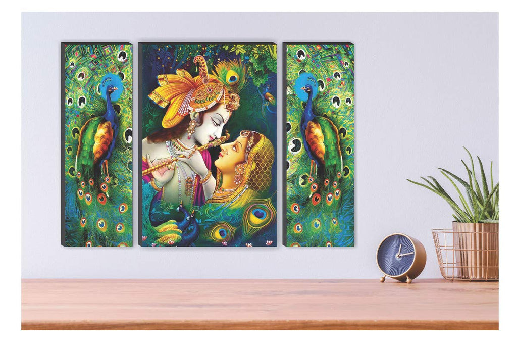 SAF Set of 3 Religious Radhe Krishna with Couple Peacock UV Textured Home Decorative Gift Item Self Adeshive Painting 18 Inch X 12 Inch SANFJM01, Multicolour