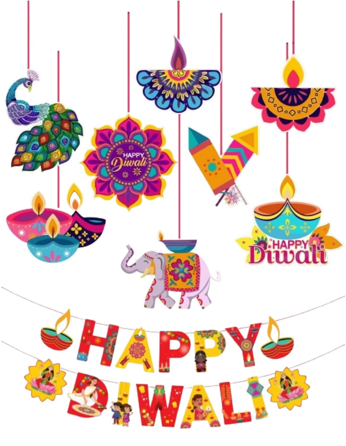 Atpata Funky Happy Diwali Banner & 8pcs Hanging Danglers Combo | Multicolour Paper Cutouts for Diwali Decoration | Reusable DIY Festive Decor Set with Diya, Lantern & Traditional Designs