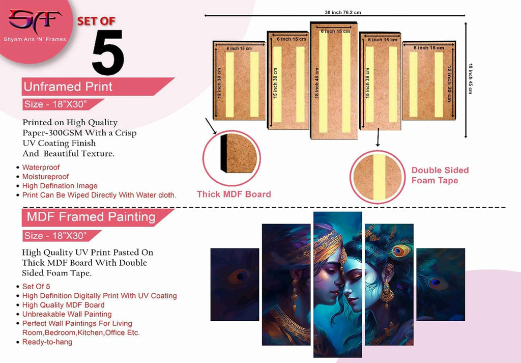 Saf Radha Krishna Paintings For Wall Decoration-Set Of Five,3D Modern Art Painting For Living Room Large Size With Frames For Home Decoration,Hotel,Office 76.2 Cm X 45 Cm Sanfpnls35460-Engineered Wood