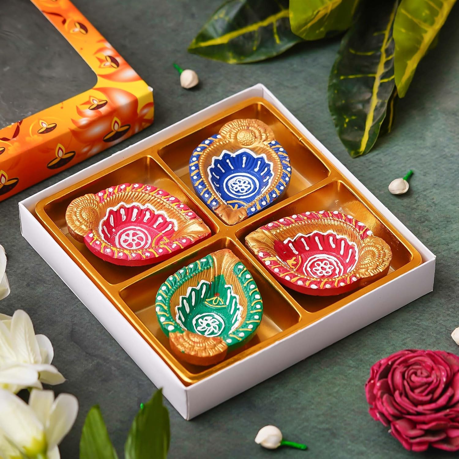 eCraftIndia Set of 4 Multicolor Decorative Clay Diyas Terracotta Deepam Oil Lamps, Mitti Diya for Diwali, Lakshmi Puja, Navratri, Ganesh Chaturthi - Diwali Decoration Items for Home Decor