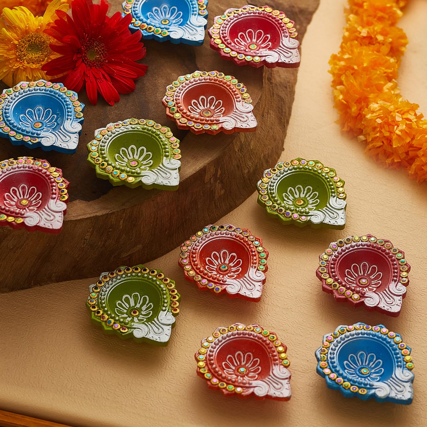 TIED RIBBONS Pack of 12 Diwali Diya Set - Large Size Clay Terracotta Diwali Diya Set Earthen Oil Ghee Diyas for Diwali - Diwali Decoration Items for Home Decor (Multicolor, 7.8 cm x 2.5 cm)