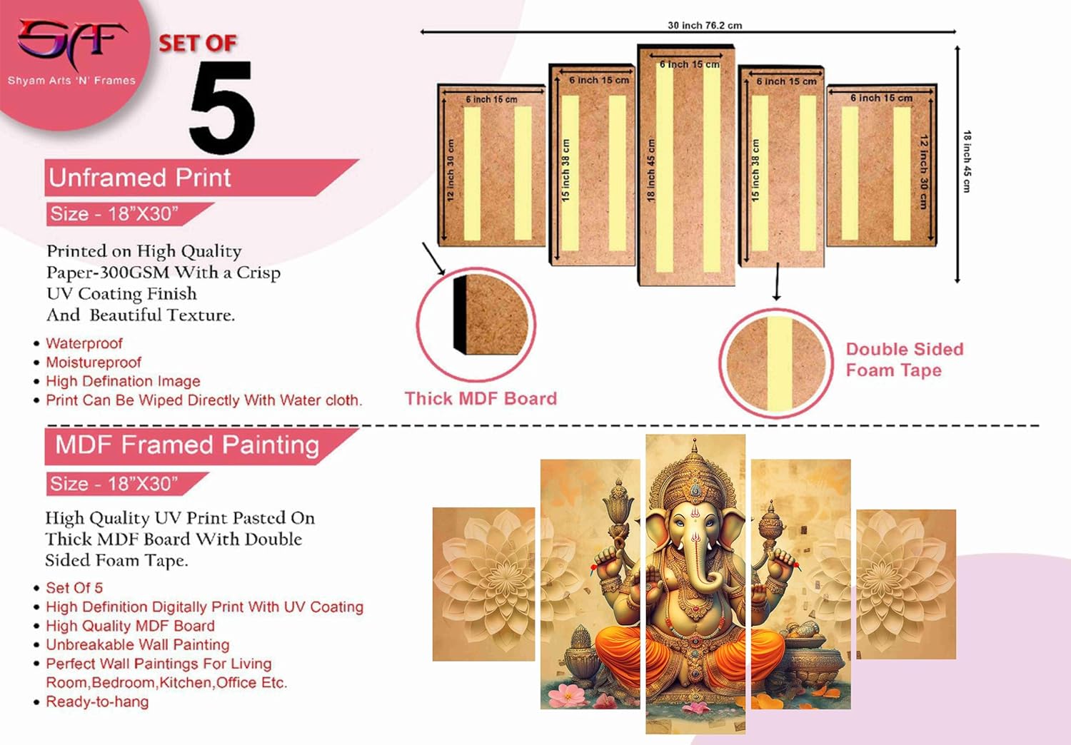 SAF Ganesha Paintings for Wall Decoration - Set Of Five, 3d modern art Painting for Living Room Large Size with Frames for Home Decoration, Hotel, Office 76.2 cm x 45 cm SANFPNLS35447