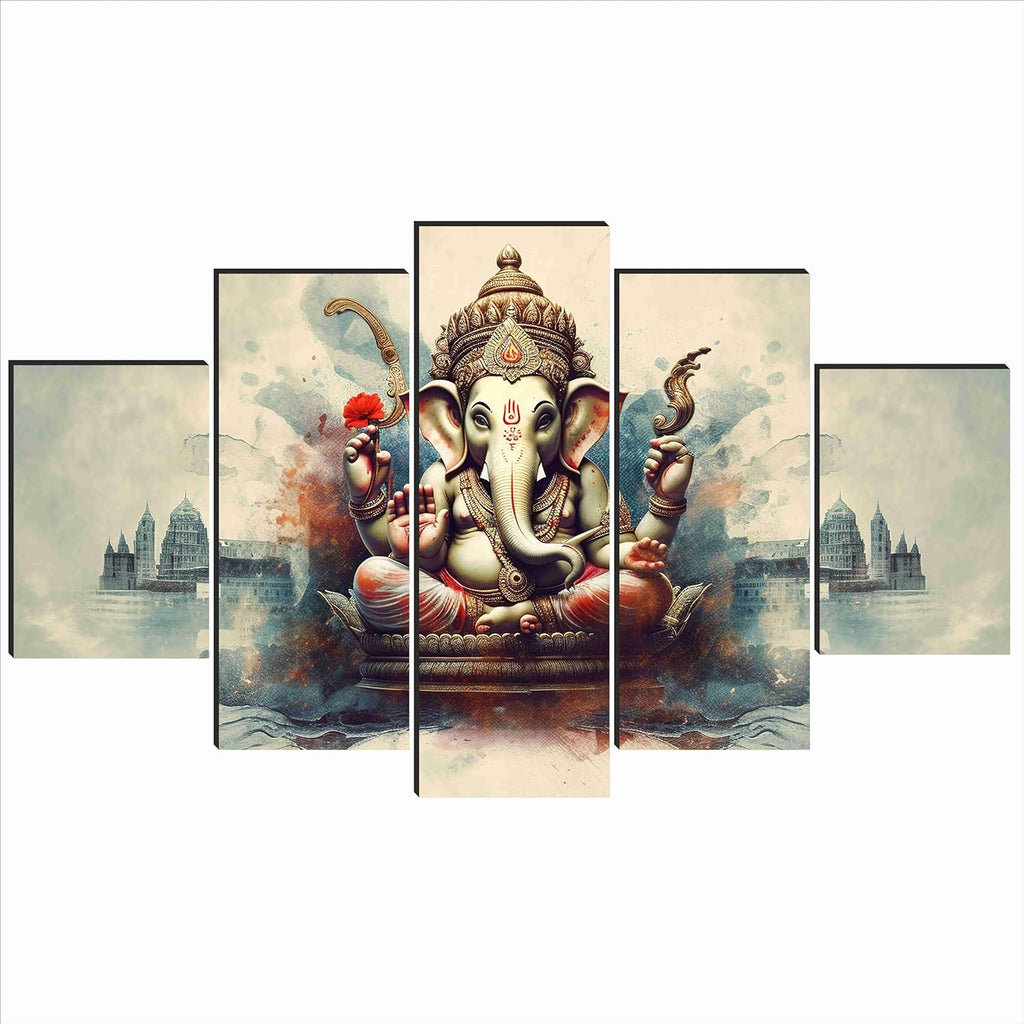 SAF Ganesha Paintings for Wall Decoration - Set Of Five, 3d modern art Painting for Living Room Large Size with Frames for Home Decoration, Hotel, Office 76.2 cm x 45 cm SANFPNLS35470