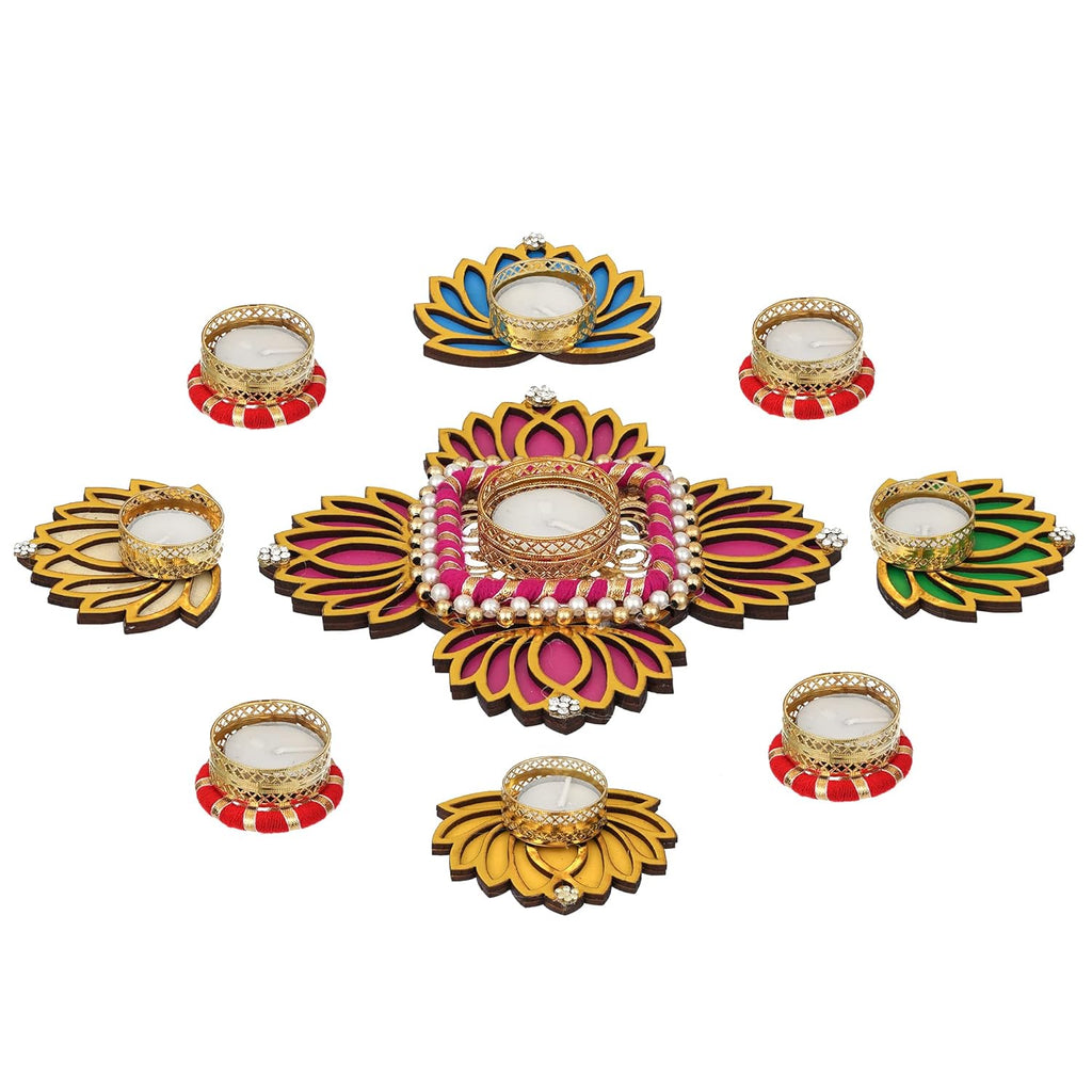 Sanvatsar Home Decorative Lotus Rangoli & Lotus Diya Set | Corporate Gift, Diwali Gift, Diya for puja Home Decoration Light Diya, Christmas Candle, Lighting, New Year Candle Set of 9.