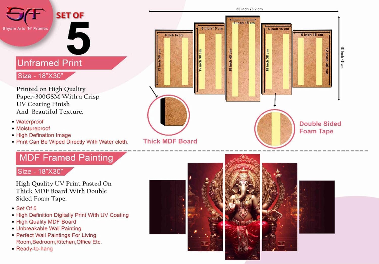 SAF Ganesha Paintings for Wall Decoration - Set Of Five, 3d modern art Painting for Living Room Large Size with Frames for Home Decoration, Hotel, Office 76.2 cm x 45 cm SANFPNLS35480