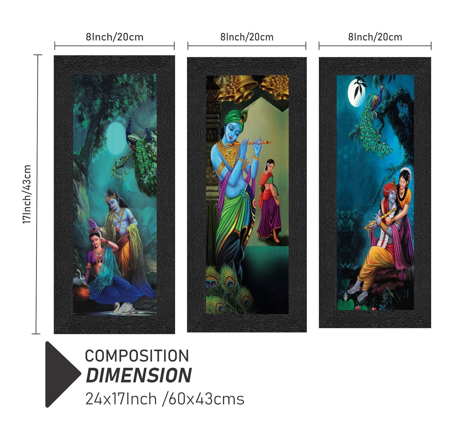 SAF paintings Set of 3 Radha Krishna UV Coated Home Decorative Religious Gift Item Framed Painting 17 inch X 24 inch SAFLP01, Multicolour