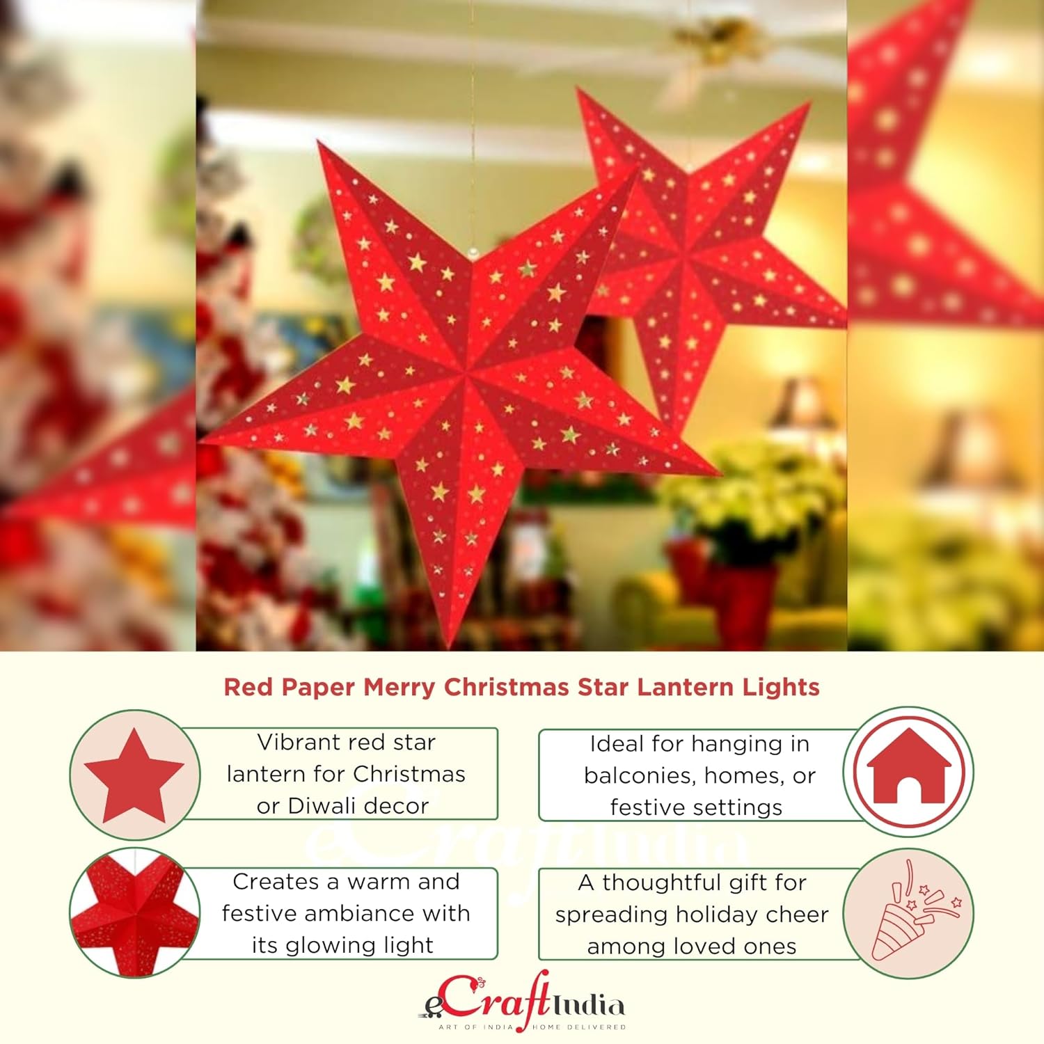 eCraftIndia Red Paper Merry Christmas Star Lantern Lights for Decoration| Diwali Christmas Lantern| Aakash Kandil for Diwali| Hanging Lantern for Home Decoration Balcony| Christmas Decor Items