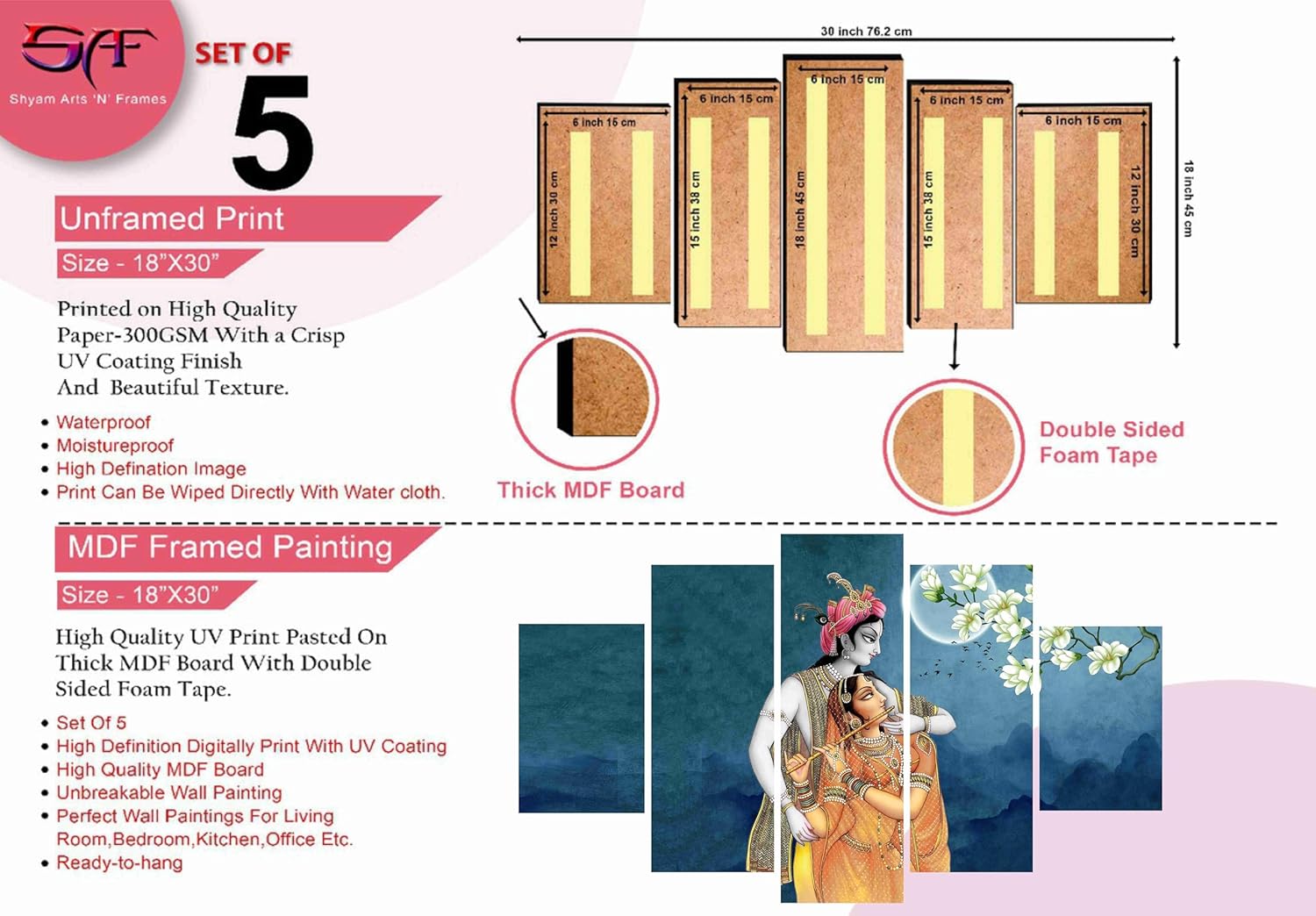 SAF Radha krishna Paintings for Wall Decoration - Set Of Five, 3d modern art Painting for Living Room Large Size with Frames for Home Decoration, Hotel, Office 76.2 cm x 45 cm SANFPNLS35472