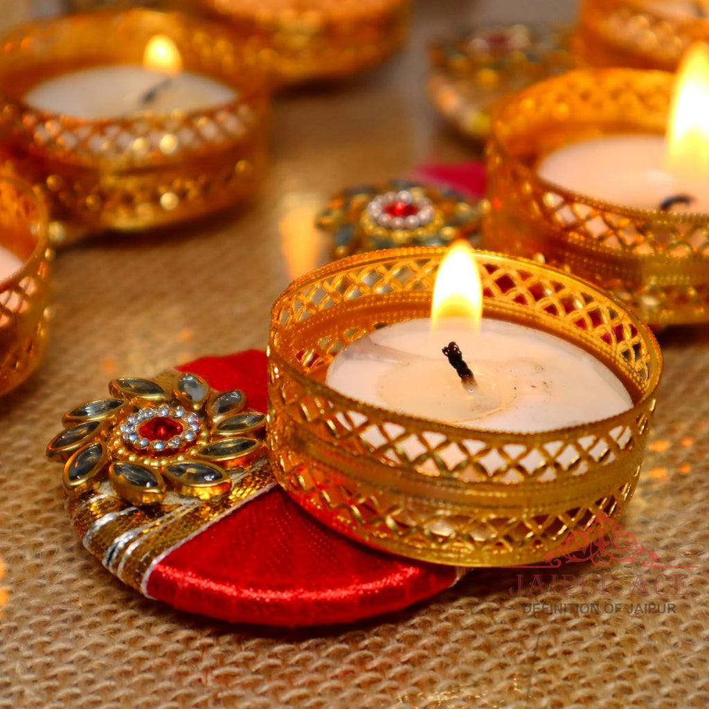 Jaipur Ace Decorative Diwali Tealight Diya | Traditional Handmade Kundan Work Tealight/Diya/Candles Set for Home Decoration | Diya for Diwali Ganesh Chaturthi Laxmi Pooja (Set of 6)