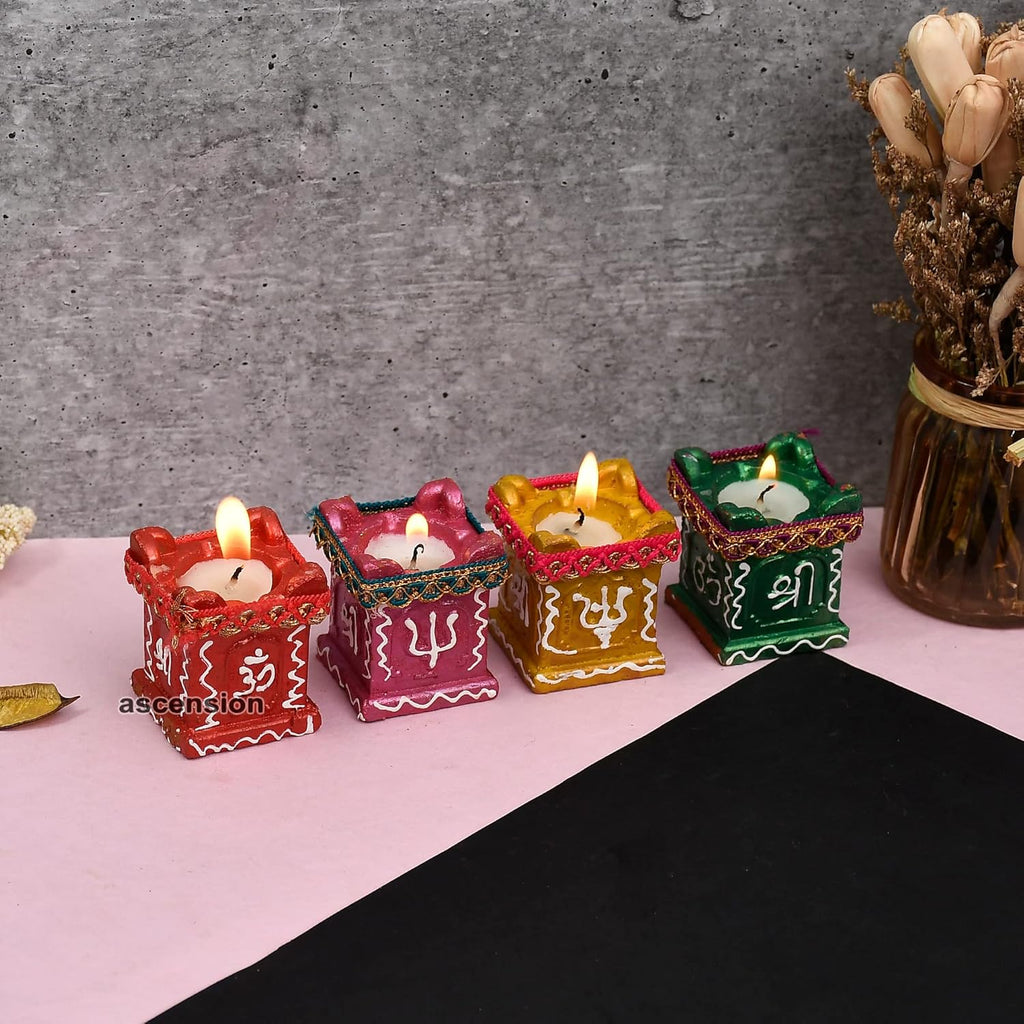 Ascension ® 4 Tulsi Mataka Candle Diya Deepak Special Reusable Diya Colourful Earthen Designer Diya Handmade Mitti Ke Deepak Diye Designer Terracotta Decorative Diwali Deepak