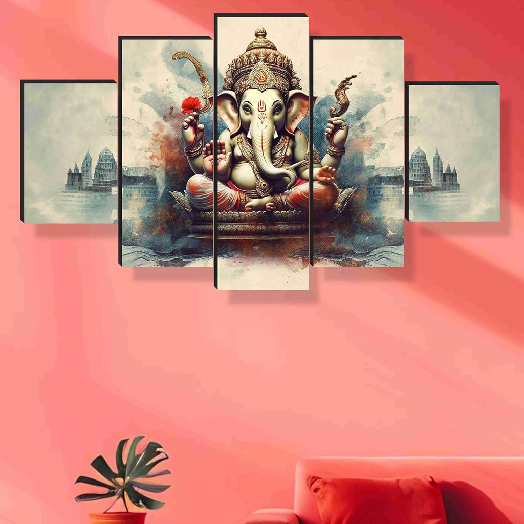 SAF Ganesha Paintings for Wall Decoration - Set Of Five, 3d modern art Painting for Living Room Large Size with Frames for Home Decoration, Hotel, Office 76.2 cm x 45 cm SANFPNLS35470