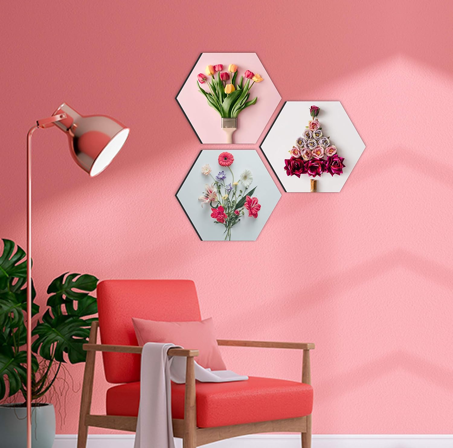 SAF paintings Preety Flower and Leaf in Cone Pot 3 Pieces UV Textured Multi-Effect Self adheshive Painting 17 Inch X 17 Inch SANFHX31155