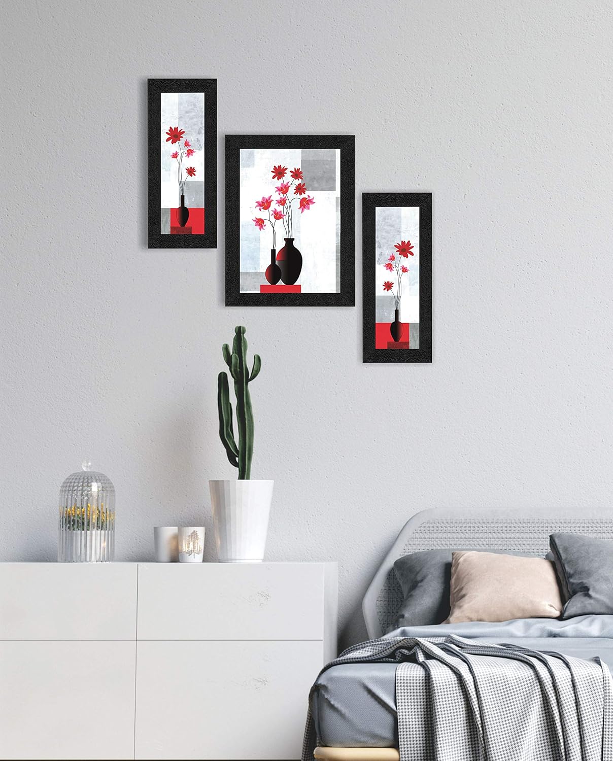 SAF paintings Set of 3 Flower Floral UV Coated Home Decorative Gift Item Frame Painting 13.5 inch X 22.5 inch SANFS62-Multicolour