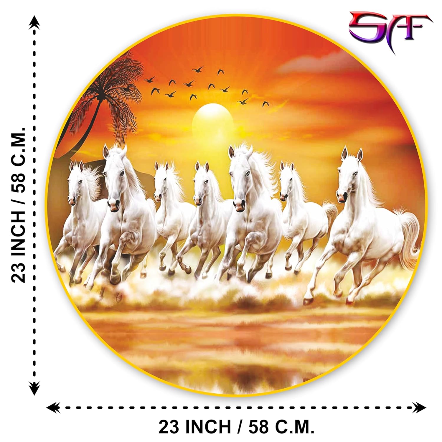 SAF Paintings 7 Running Horses Modern Art Premium Sparkle Lamination Golden Slim Frame 58 cm x 58 cm Large Size, for Home/Office/Hotel Painting GR-173