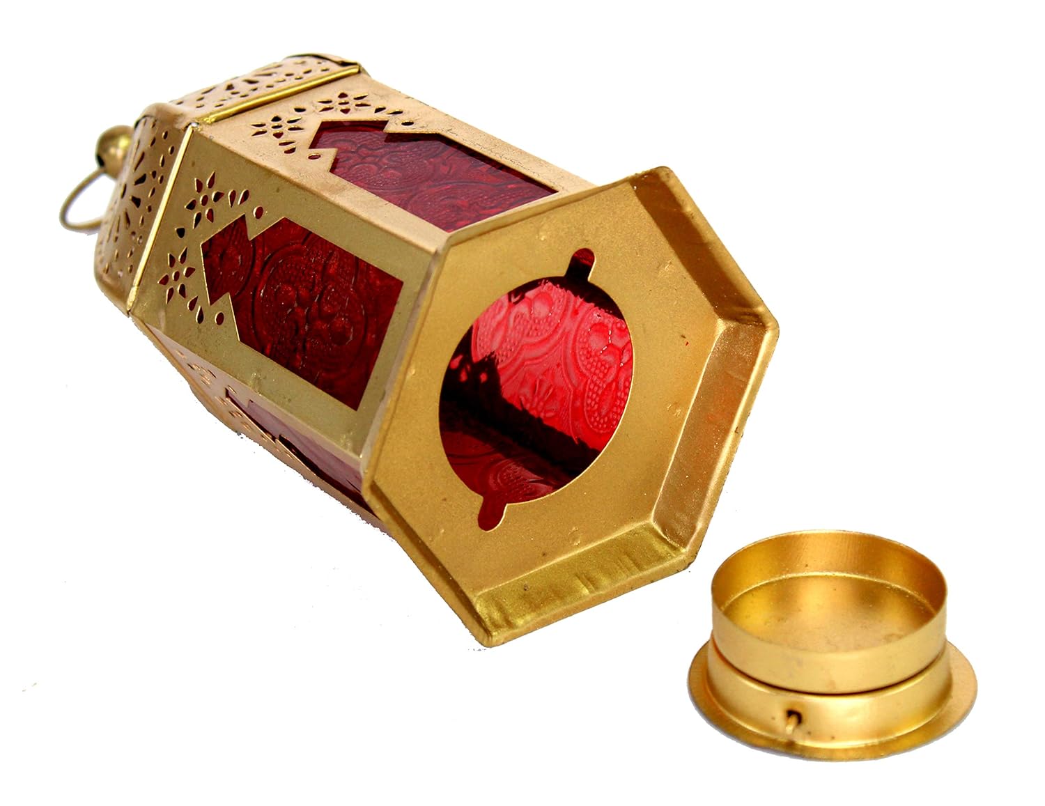 eSplanade 6.5" Moroccan Lantern Red-Colored Glass Hanging Lamp | Home Decor | Tealight Holder (2 Pieces)