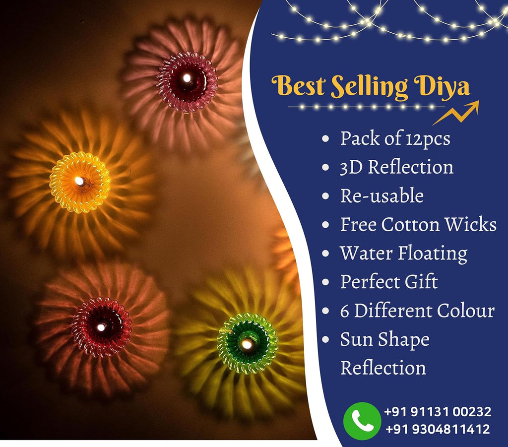 Indian Karigar 12pcs Diwali Diyas Colourful 3d Reflection Diya For Diwali Decor Sun Shape Shadow Reflective Diyas For Diwali Decoration Items For Home Decor Reusable Navratri Diwali Lights Multicolour