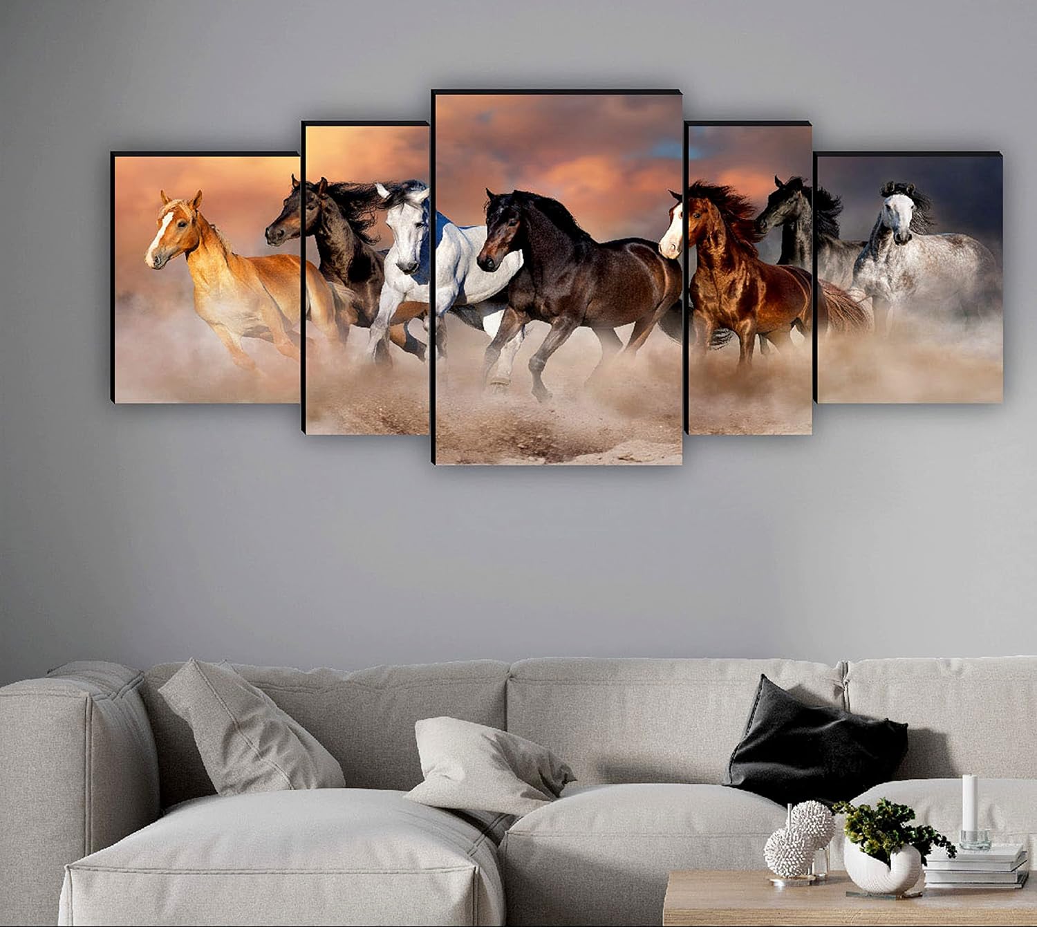 SAF SANFPNL31210 Seven Running Horses UV Textured with MDF Panel Painting (Set of 5, 18" x 42", Multicolor)