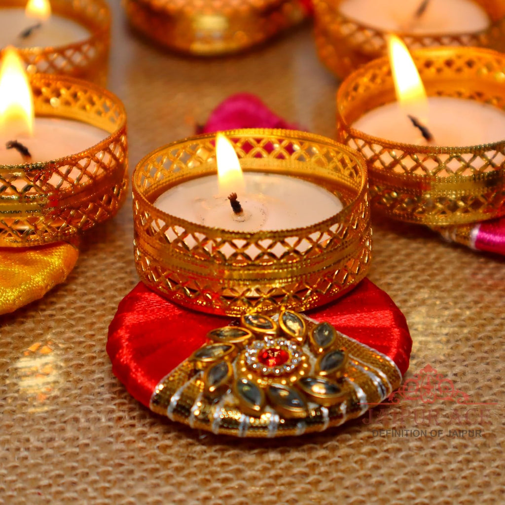 Jaipur Ace Decorative Diwali Tealight Diya | Traditional Handmade Kundan Work Tealight/Diya/Candles Set for Home Decoration | Diya for Diwali Ganesh Chaturthi Laxmi Pooja (Set of 6)