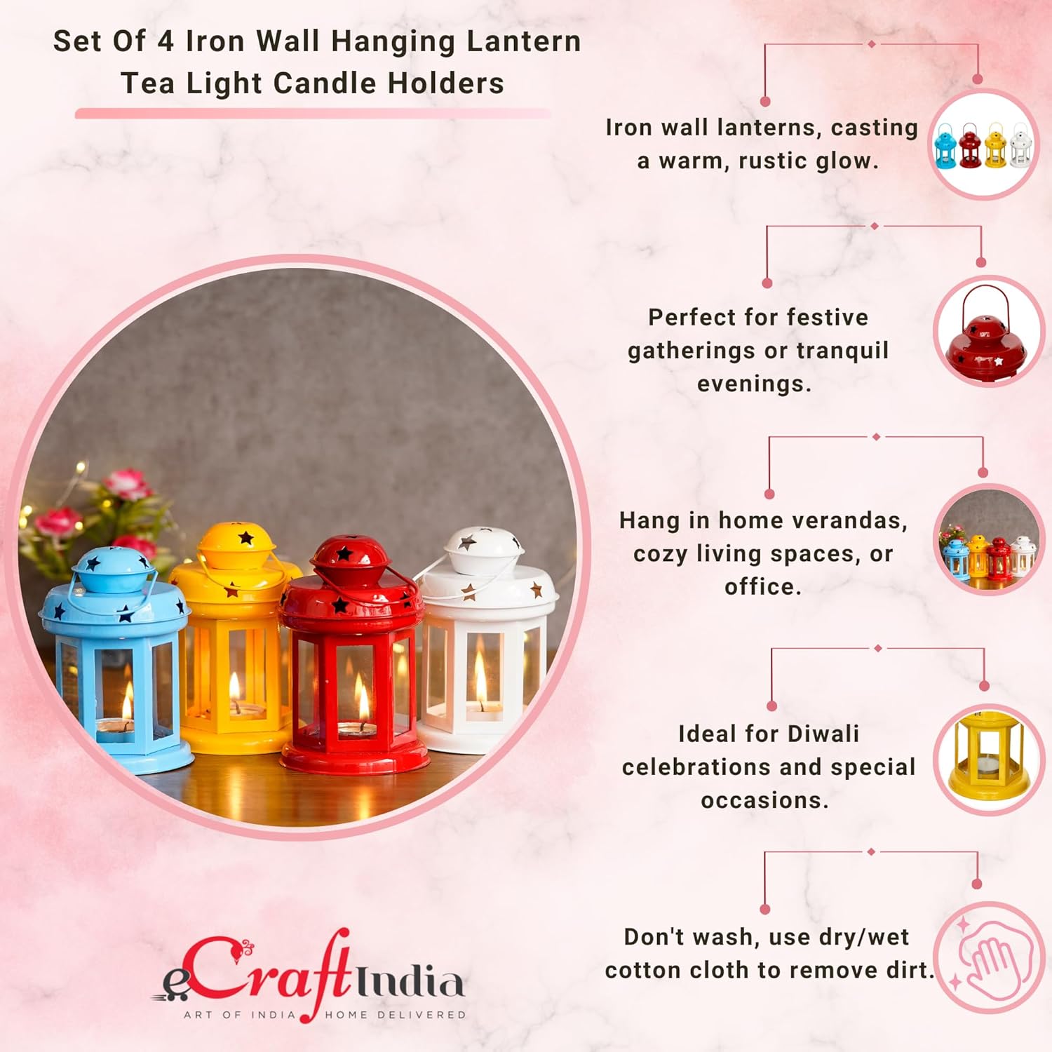 eCraftIndia Set of 4 Metal Wall Hanging Lantern Tea Light Candle Holders - Tea Light Holders- T Light Candle Holders- Diwali Gifts for Family Friends- Diwali Decoration Items for Home Decor