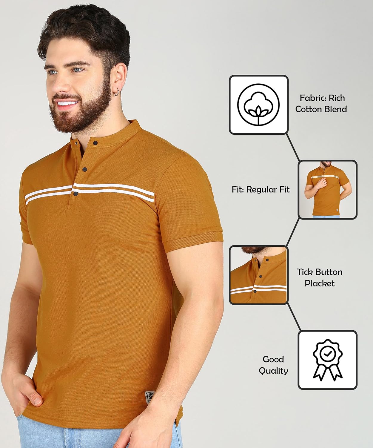 Alan Jones Clothing Men's Mandarin Collar Solid Polo Slim Fit T-Shirt-2