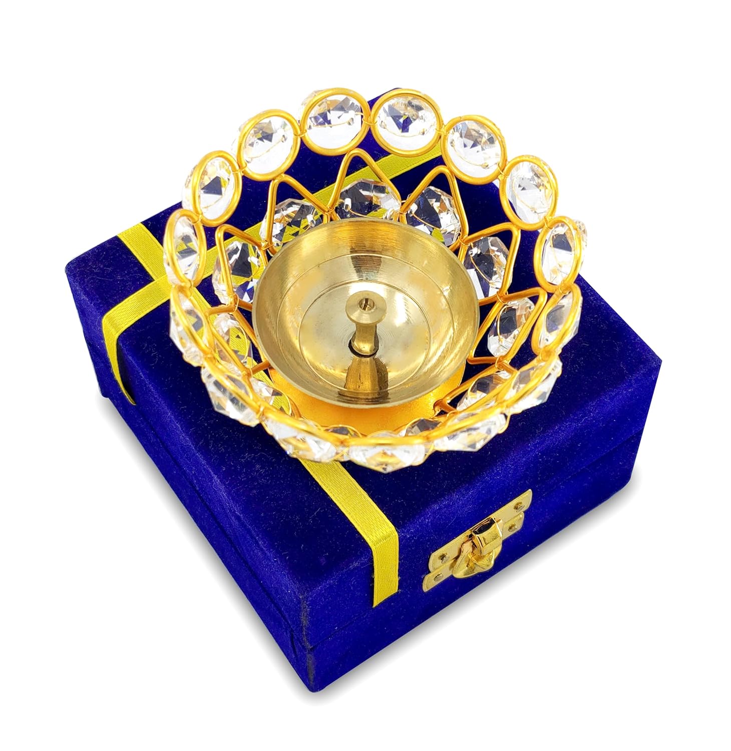 BENGALEN Crystal Diya with Blue Velvet Gift Box Home Decoration Chrystal Piyali Dia Pooja Items Puja Gifts Handmade Oil Lamp Traditional Indian Dhanteras Deepawali Diwali Gift Items