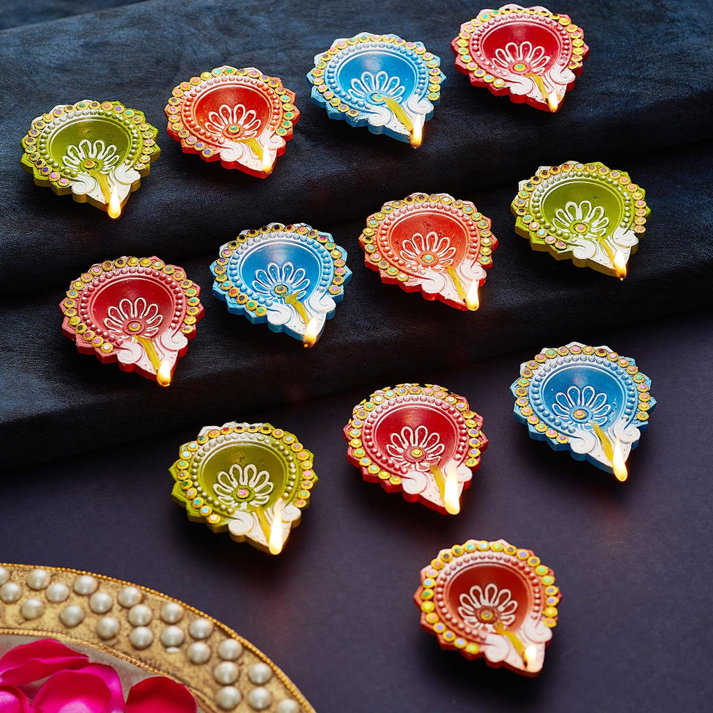 TIED RIBBONS Pack of 12 Diwali Diya Set - Large Size Clay Terracotta Diwali Diya Set Earthen Oil Ghee Diyas for Diwali - Diwali Decoration Items for Home Decor (Multicolor, 7.8 cm x 2.5 cm)
