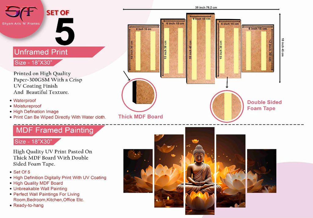 SAF Buddha Paintings for Wall Decoration - Set Of Five, 3d modern art Painting for Living Room Large Size with Frames for Home Decoration, Hotel, Office 76.2 cm x 45 cm SANFPNLS35478