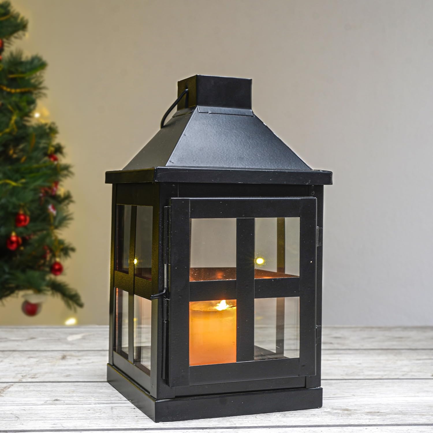 Behoma Vintage Style Metal & Clear Glass Lantern, 9.4 inch Matte Black Tea Light Candle Holder for Diwali Décor, Table-top and Wall-Hanging Indoor and Outdoor (Candle/Lights NOT Included)