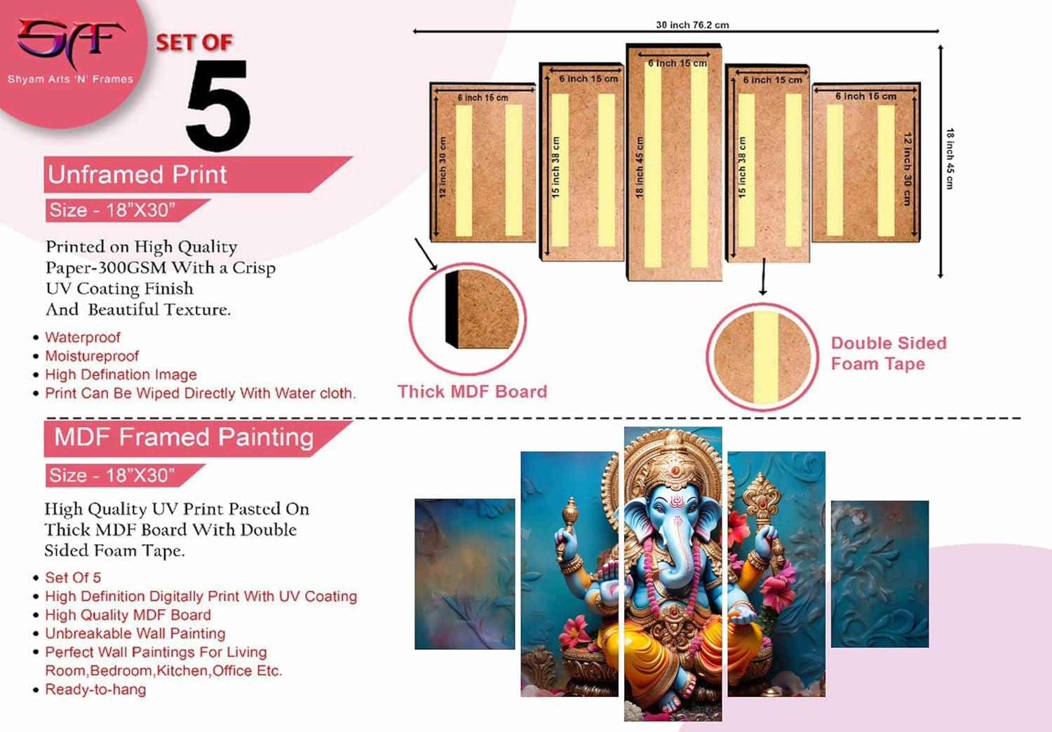 SAF Ganesha Paintings for Wall Decoration - Set Of Five, 3d modern art Painting for Living Room Large Size with Frames for Home Decoration, Hotel, Office 76.2 cm x 45 cm SANFPNLS35466