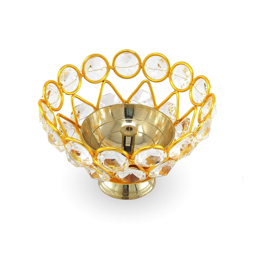 BENGALEN Crystal Diya with Blue Velvet Gift Box Home Decoration Chrystal Piyali Dia Pooja Items Puja Gifts Handmade Oil Lamp Traditional Indian Dhanteras Deepawali Diwali Gift Items