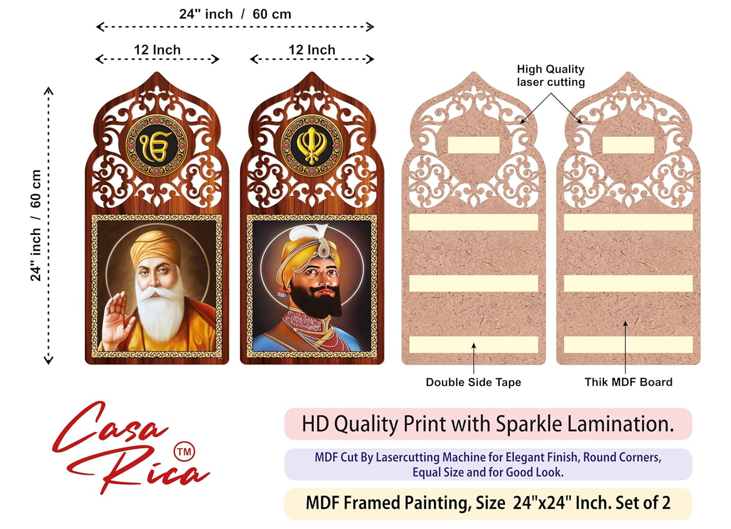 Casa Rica Guru Nanak Dev ji/Guru Gobind Singh Ji Sikh Gurus Photo Frame Painting Wall Hanging for Wall 24"x 24" Inch set of 2 Mdf (SAF 001) Laser Cut