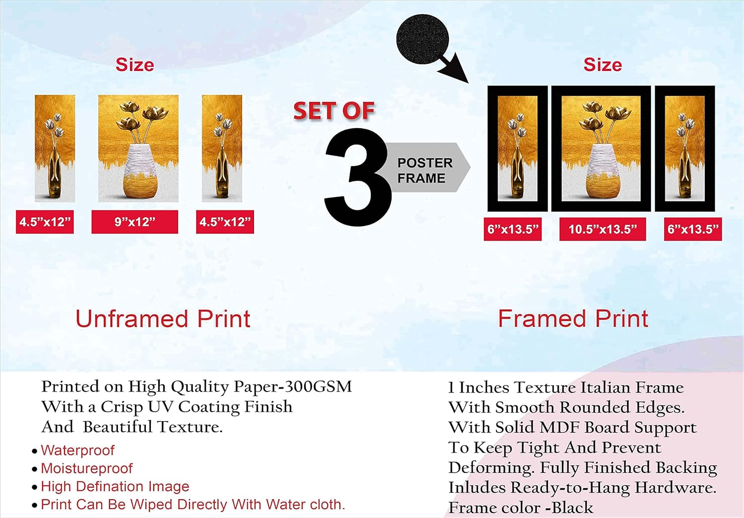 SAF paintings Set of 3 flower modern art UV textured Wall Painting with Frame for Home decoration 13.5 inch x 22.5 inch SANFS32582