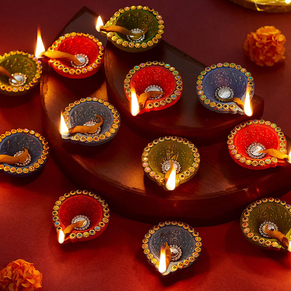 TIED RIBBONS Set of 18 Handmade Clay Diwali Diyas Earthen Oil Lamp Large Diwali Diya for Diwali Decoration Home Puja Office Pooja Room Mandir Temple Table Dipawali Decor Items (Multi, 6 cm x 2 cm)