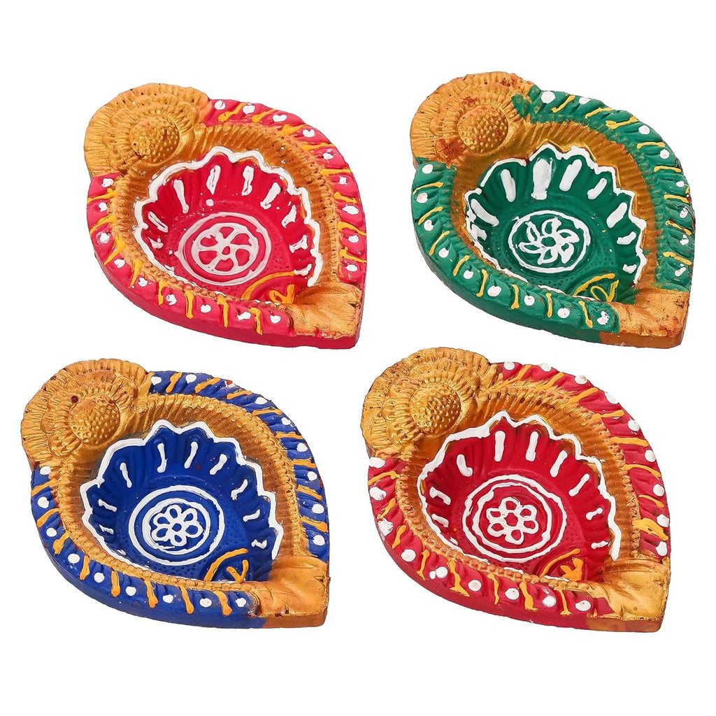 eCraftIndia Set of 4 Multicolor Decorative Clay Diyas Terracotta Deepam Oil Lamps, Mitti Diya for Diwali, Lakshmi Puja, Navratri, Ganesh Chaturthi - Diwali Decoration Items for Home Decor