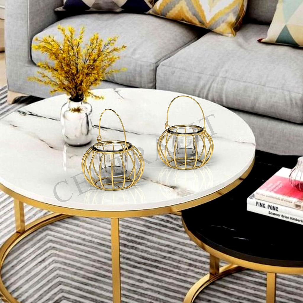 CentraLit Home Decor Items -Hanging Lantern With Glass Tea Light Candle - Diwali Diya Decor Puja Items - Return Gift For House Warming Ceremony- Varalakshmi Pooja Room Decor Pack Of 2 (Gold)