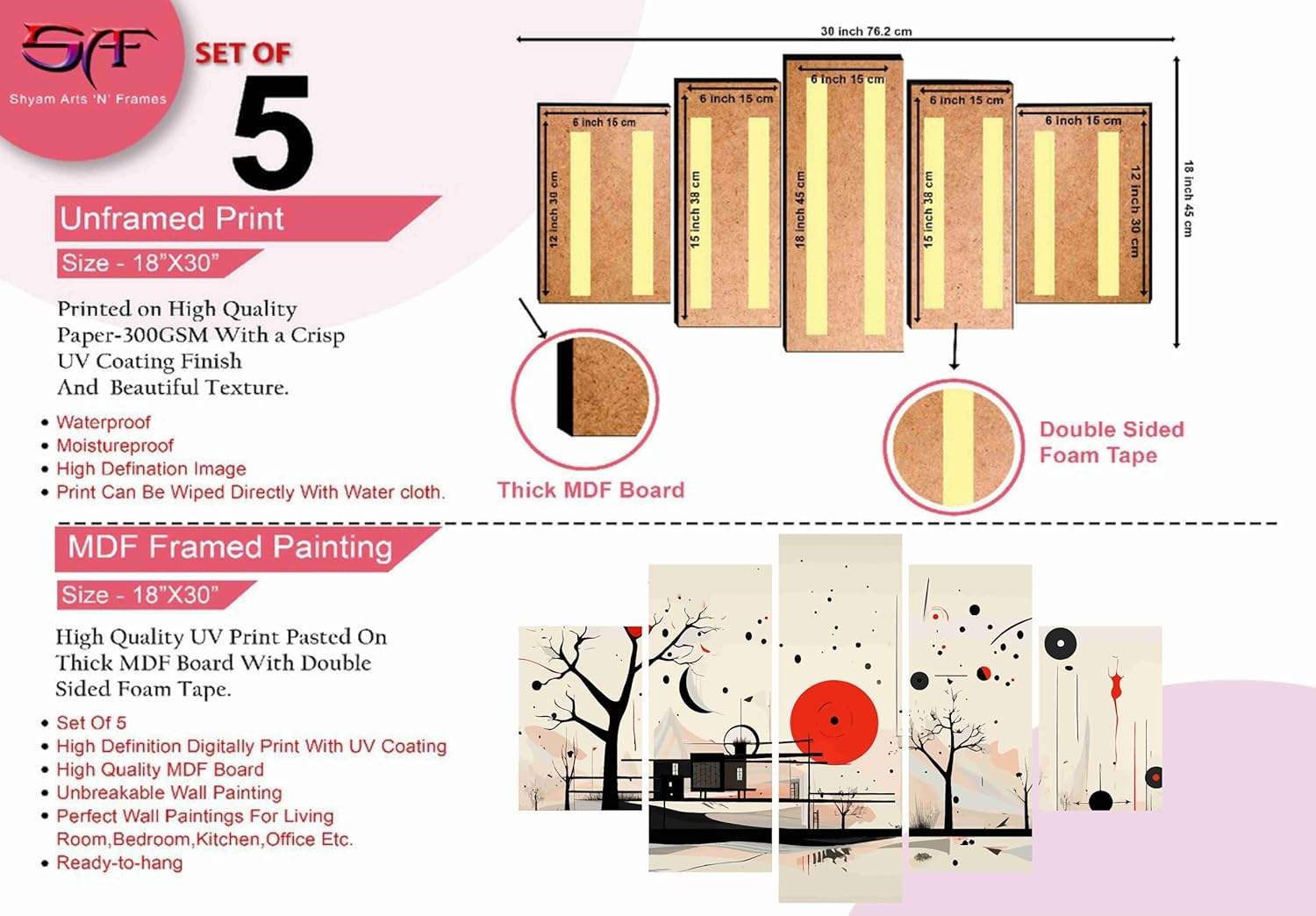 SAF Nature Paintings for Wall Decoration - Set Of Five, 3d Scenery Vastu Painting for Living Room Large Size with Frames for Home Decoration, Hotel, Office 76.2 cm x 45 cm SANFPNLS35476