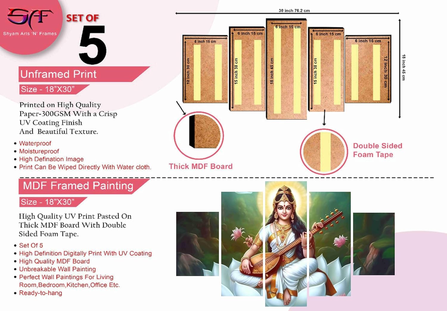 SAF Saraswati ma Paintings for Wall Decoration - Set Of Five, 3d modern art Painting for Living Room Large Size with Frames for Home Decoration, Hotel, Office 76.2 cm x 45 cm SANFPNLS35481