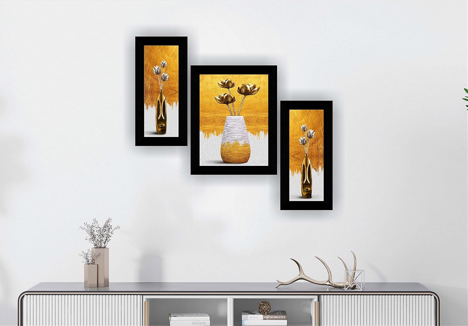 SAF paintings Set of 3 flower modern art UV textured Wall Painting with Frame for Home decoration 13.5 inch x 22.5 inch SANFS32582