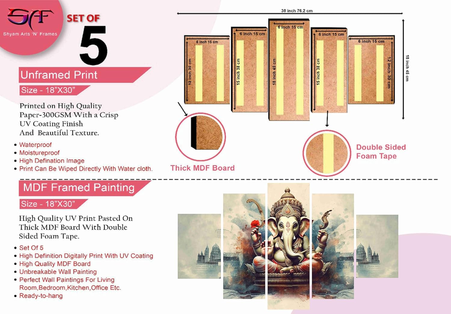 SAF Ganesha Paintings for Wall Decoration - Set Of Five, 3d modern art Painting for Living Room Large Size with Frames for Home Decoration, Hotel, Office 76.2 cm x 45 cm SANFPNLS35470