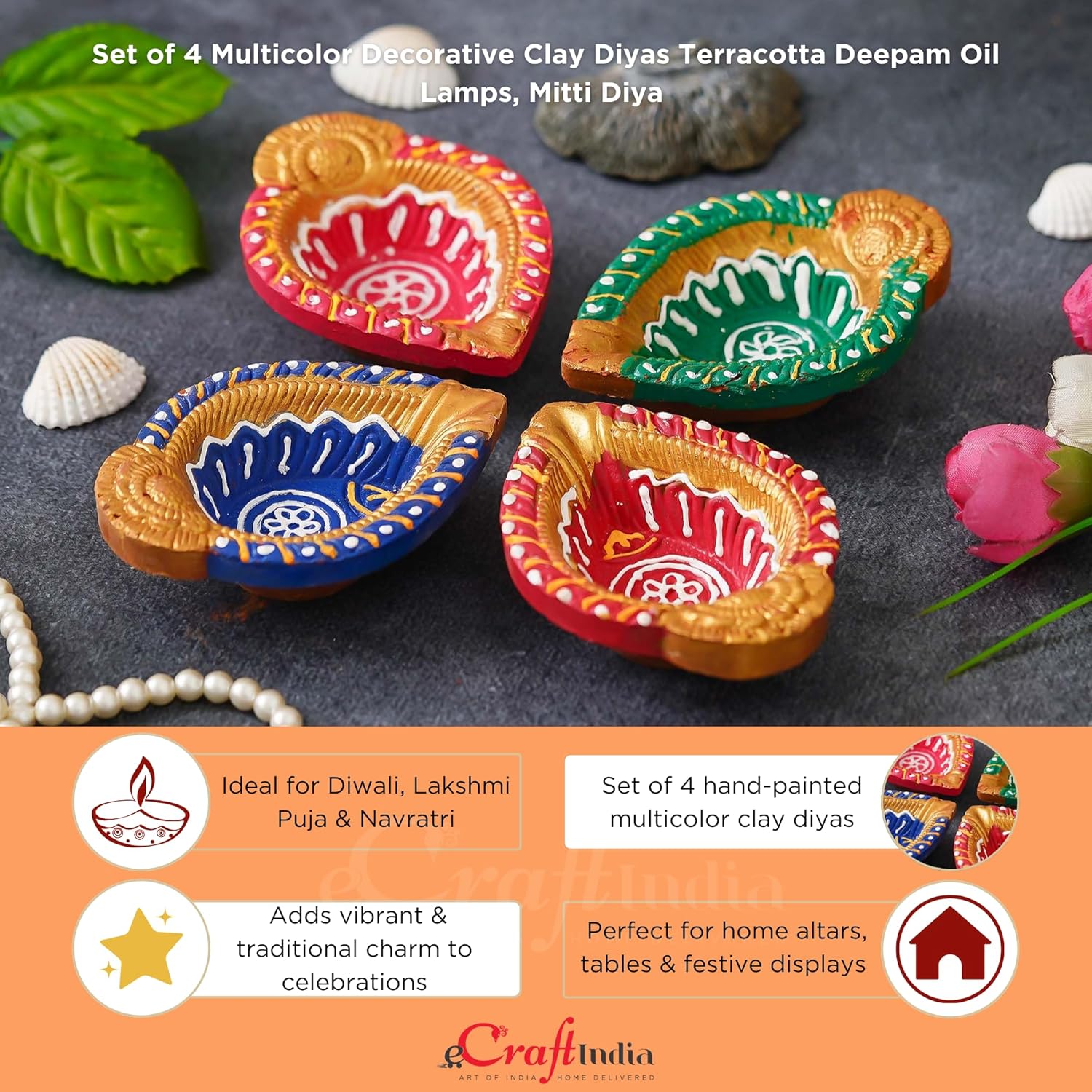 eCraftIndia Set of 4 Multicolor Decorative Clay Diyas Terracotta Deepam Oil Lamps, Mitti Diya for Diwali, Lakshmi Puja, Navratri, Ganesh Chaturthi - Diwali Decoration Items for Home Decor