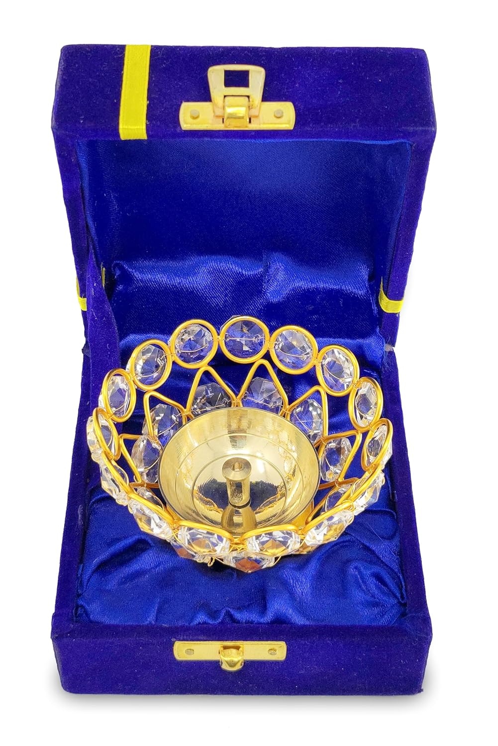 BENGALEN Crystal Diya with Blue Velvet Gift Box Home Decoration Chrystal Piyali Dia Pooja Items Puja Gifts Handmade Oil Lamp Traditional Indian Dhanteras Deepawali Diwali Gift Items
