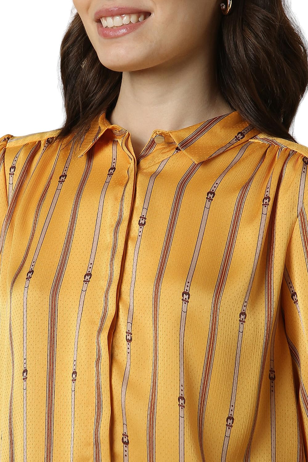 Allen Solly Women's Yellow Striped Long Sleeve Casual Shirt