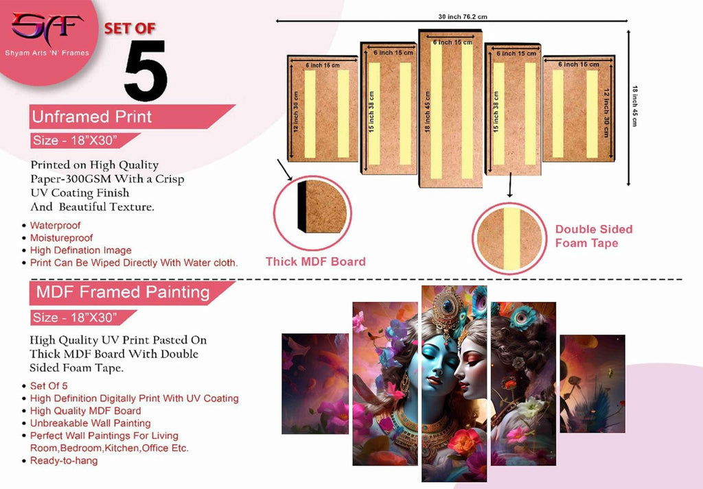 SAF Radha Krishna Paintings For Wall Decoration-Set Of Five,3D Modern Art Painting For Living Room Large Size With Frames For Home Decoration,Hotel,Office 76.2 Cm X 45 Cm Sanfpnls35444,Engineered Wood
