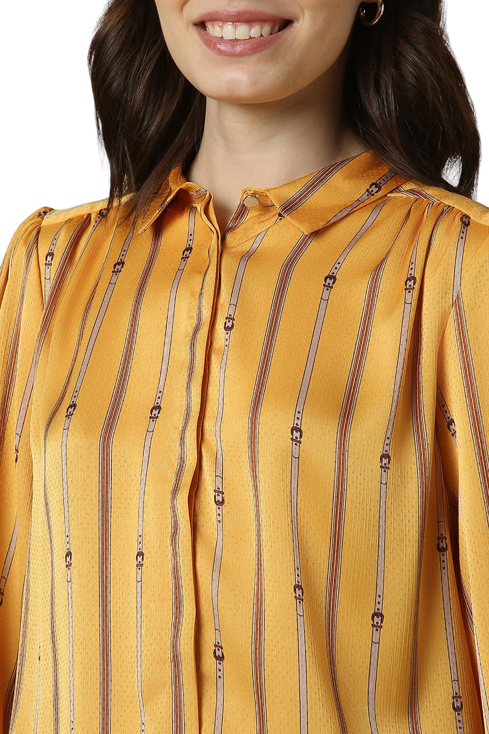 Allen Solly Women's Yellow Striped Long Sleeve Casual Shirt