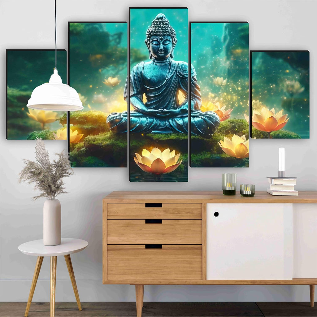 Saf Buddha Paintings For Wall Decoration - Set Of Five, 3D Modern Art Painting For Living Room Large Size With Frames For Home Decoration, Hotel, Office 76.2 Cm X 45 Cm Sanfpnls35452 - Engineered Wood