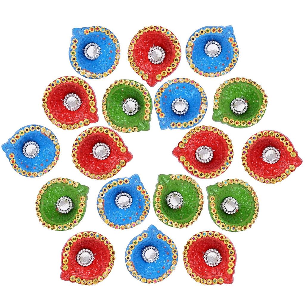 TIED RIBBONS Set of 18 Handmade Clay Diwali Diyas Earthen Oil Lamp Large Diwali Diya for Diwali Decoration Home Puja Office Pooja Room Mandir Temple Table Dipawali Decor Items (Multi, 6 cm x 2 cm)