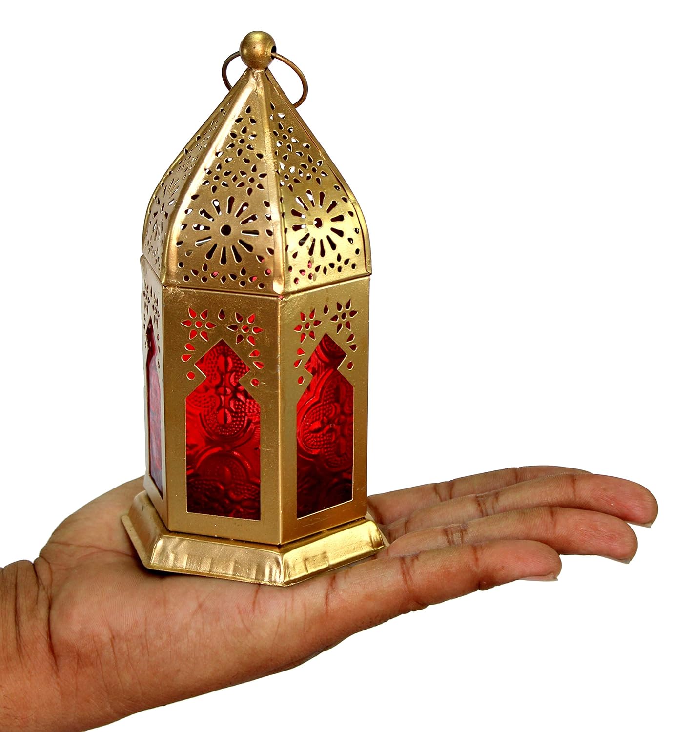 eSplanade 6.5" Moroccan Lantern Red-Colored Glass Hanging Lamp | Home Decor | Tealight Holder (2 Pieces)