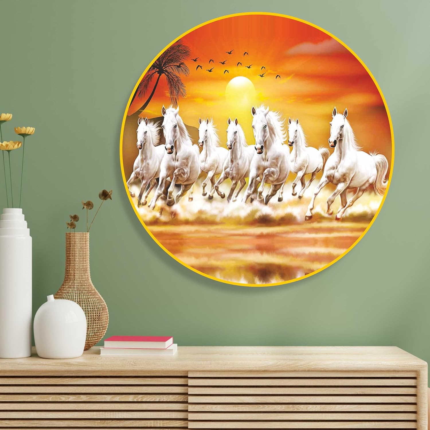 SAF Paintings 7 Running Horses Modern Art Premium Sparkle Lamination Golden Slim Frame 58 cm x 58 cm Large Size, for Home/Office/Hotel Painting GR-173